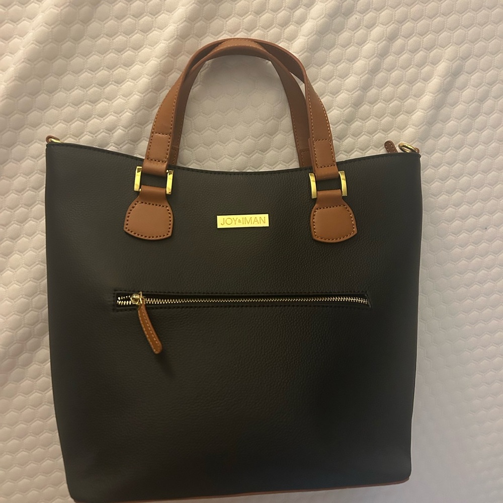 Joy & Iman Elegant Black Tote with Tan Accents, includes crossbody purse
